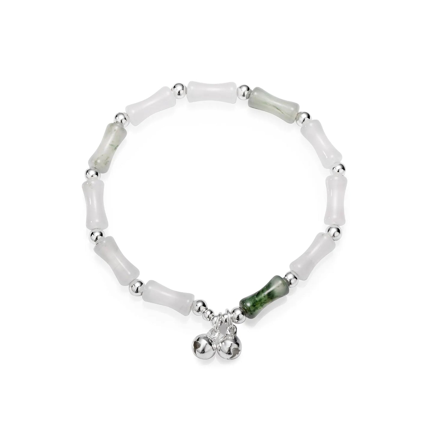 Bead chain bracelet with bamboo - shaped stones and silver bells, showing elegant oriental style.