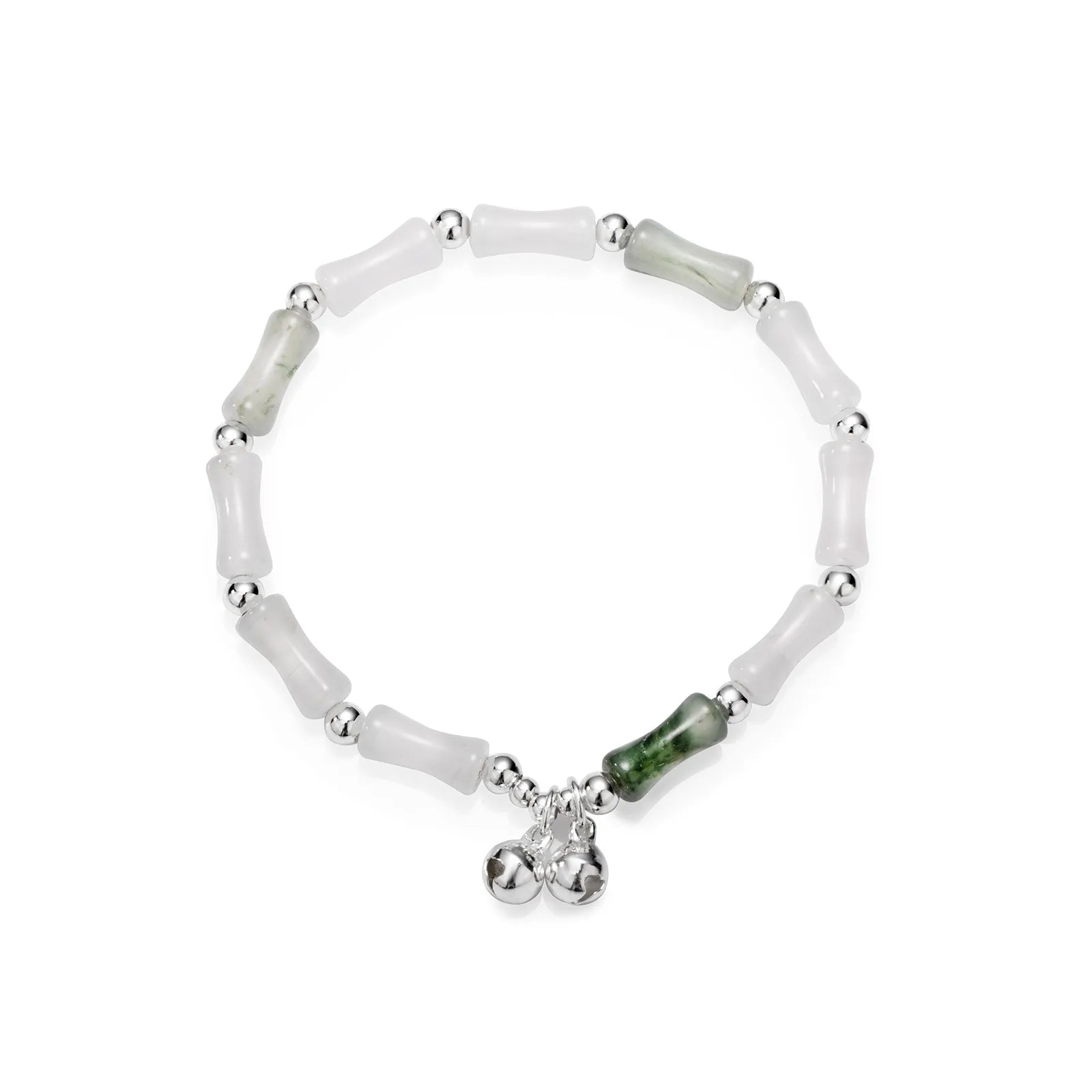 Bead chain bracelet with bamboo - shaped stones and silver bells, showing elegant oriental style.