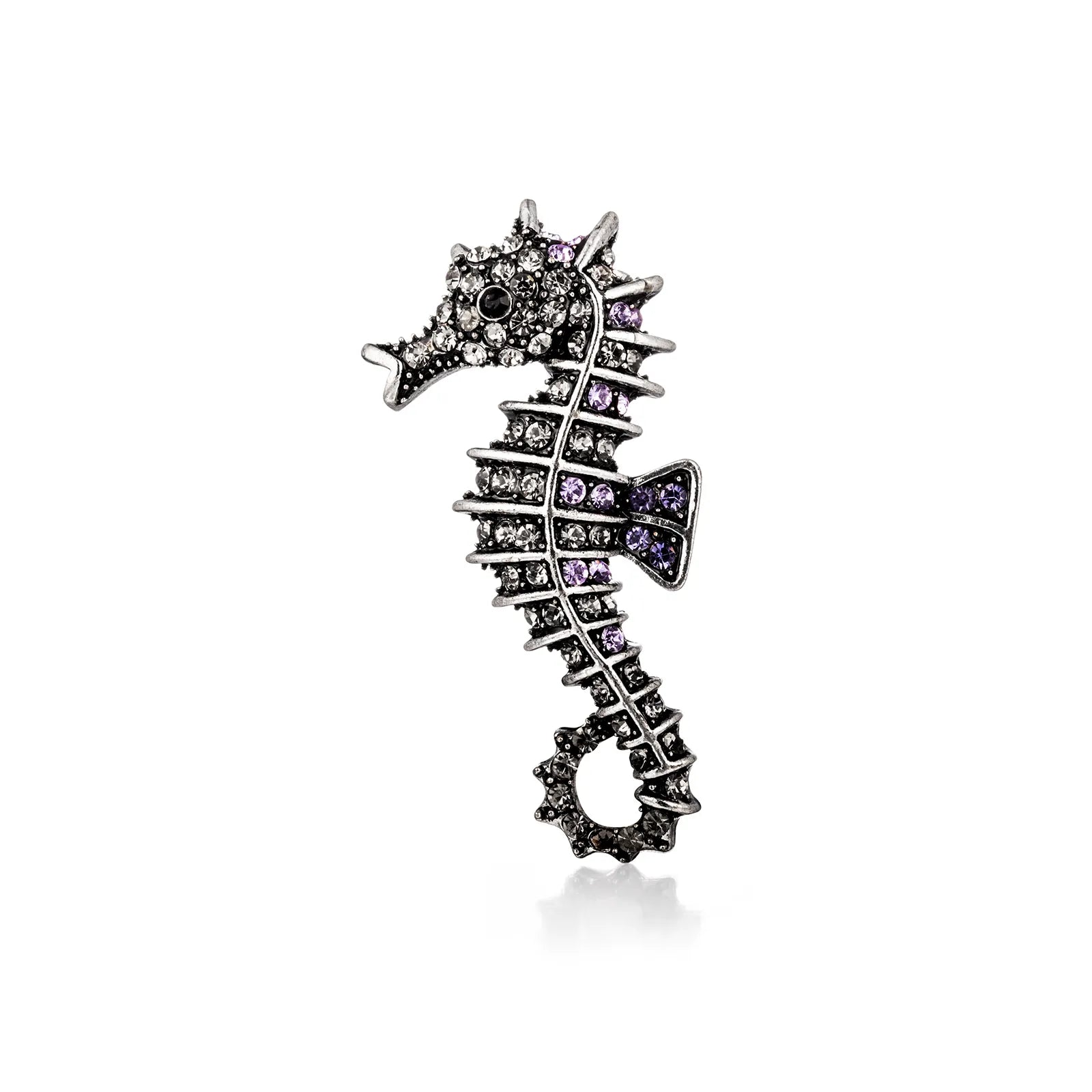 Ajatine vintage seahorse brooch with white and purple crystals