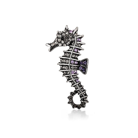 Ajatine vintage seahorse brooch with white and purple crystals