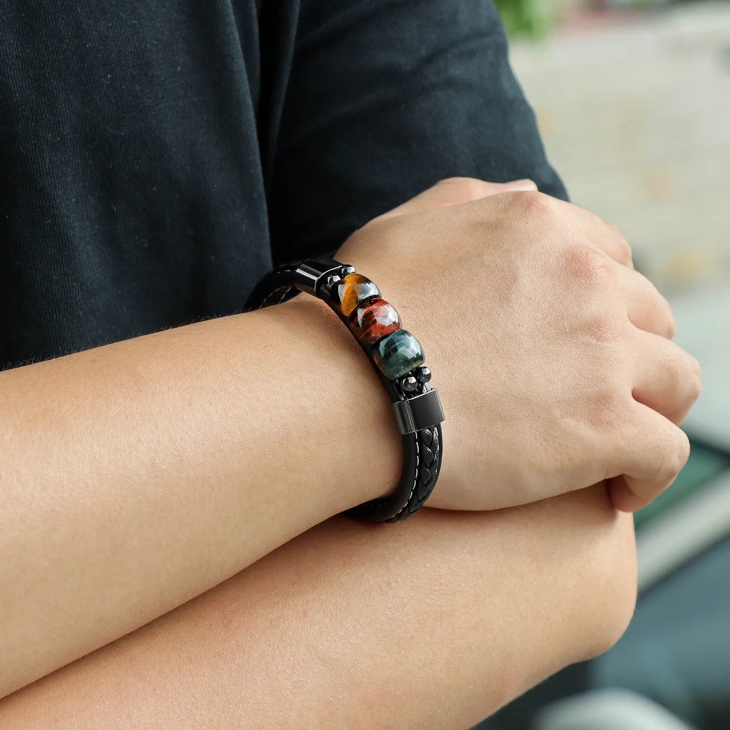 Tiger Eye Beaded Leather Bracelet