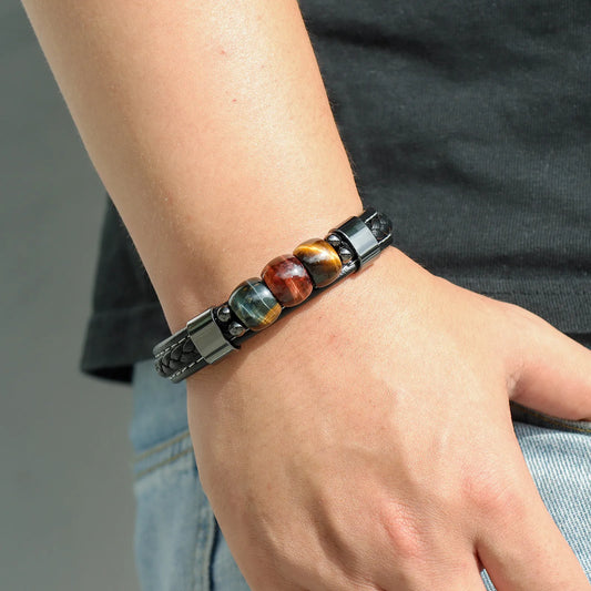 Tiger Eye Beaded Leather Bracelet for Men