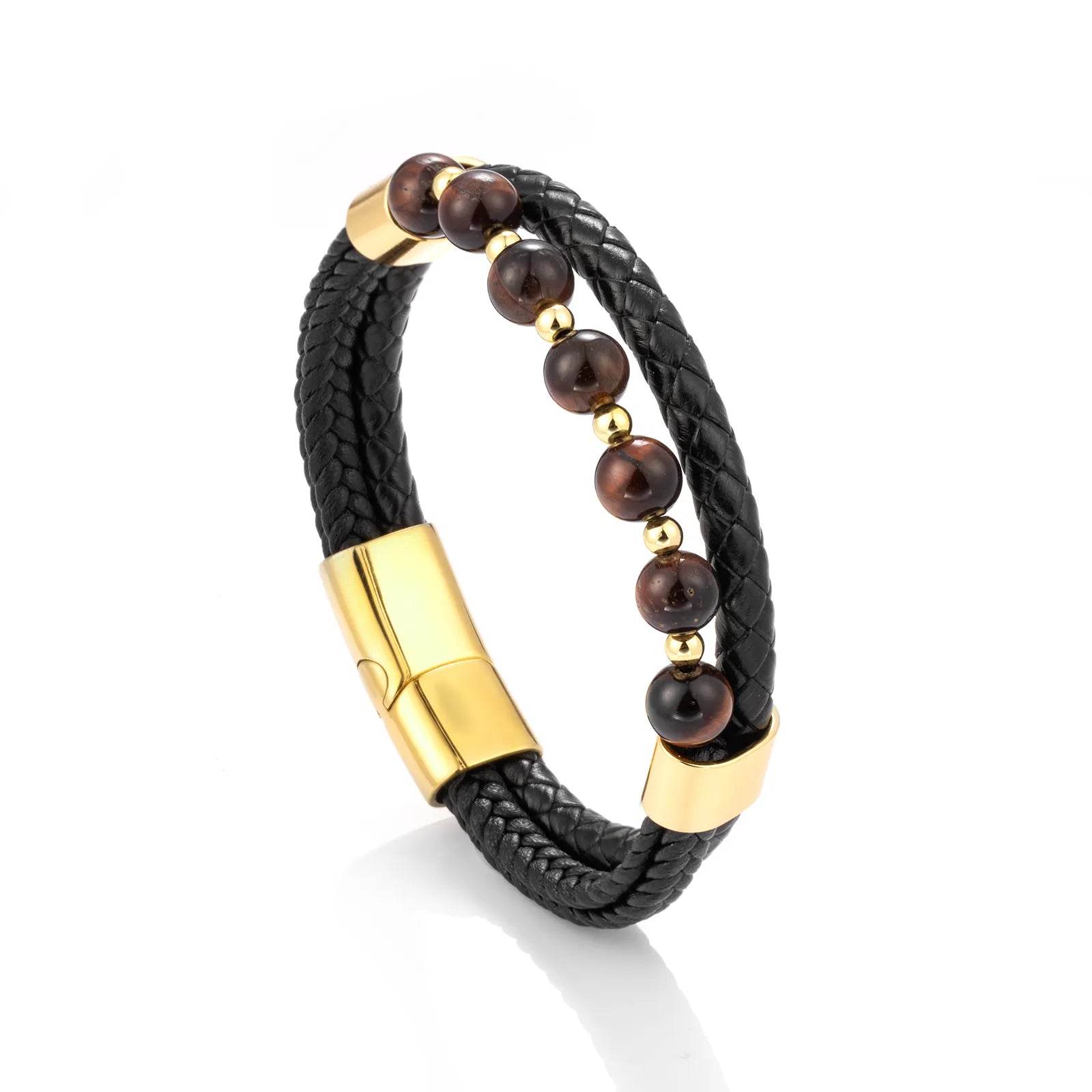 Tiger Eye Natural Stone Leather Bracelet