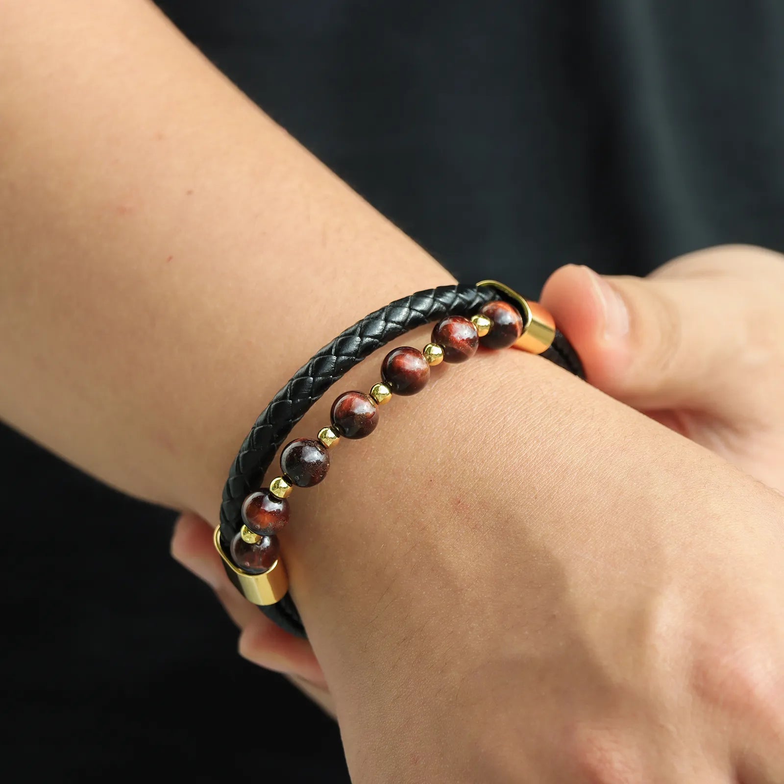Tiger Eye Natural Stone Leather Bracelet for Men