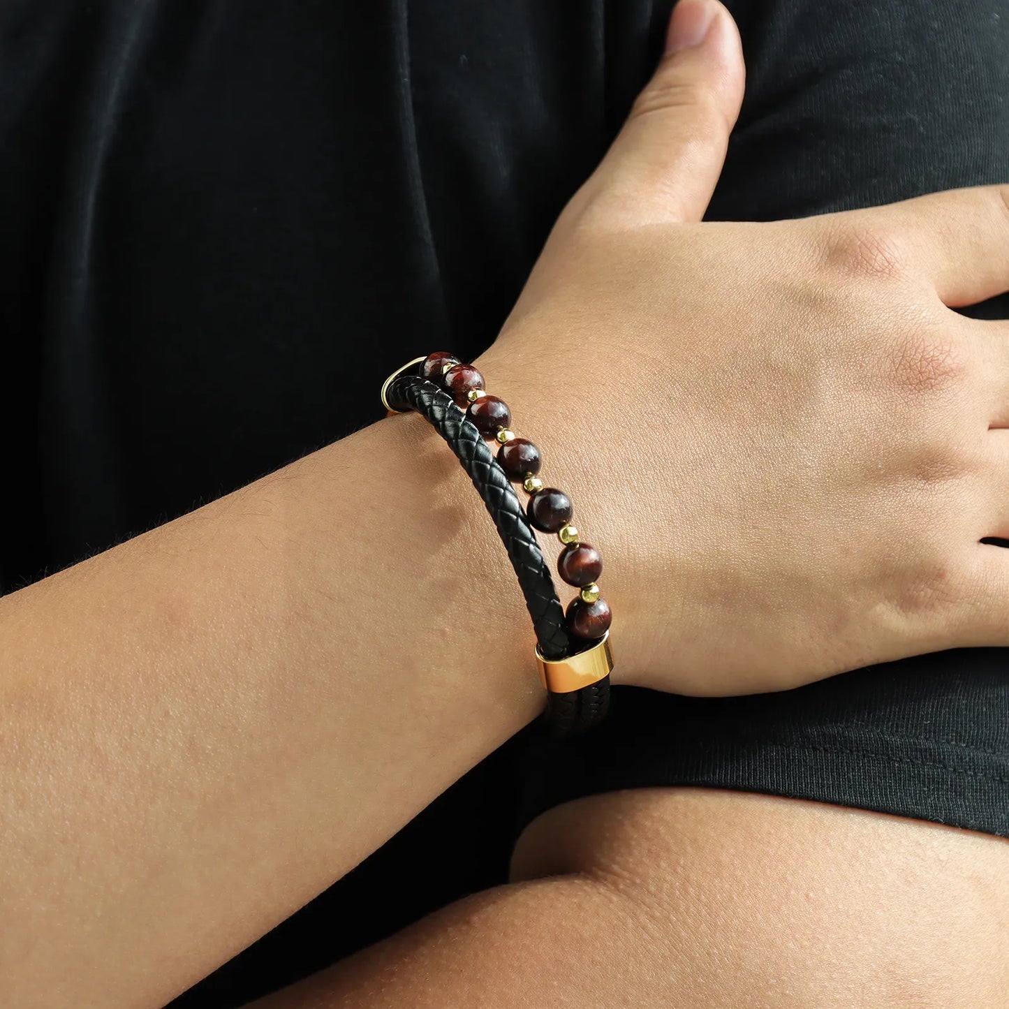 Tiger Eye Natural Stone Leather Bracelet for Men Daily Wear