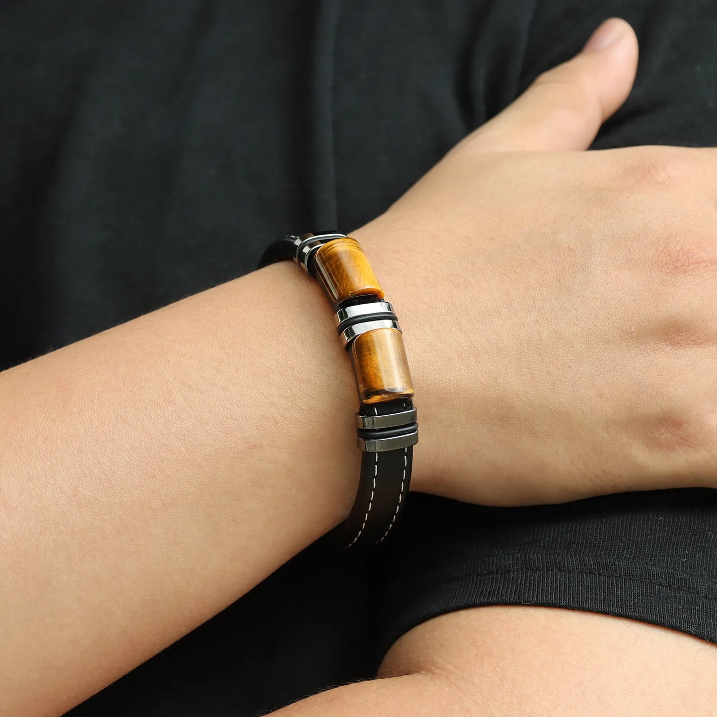 Tiger Eye Stones Leather Bracelet for Men
