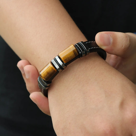 Tiger Eye Stones Leather Bracelet for Men