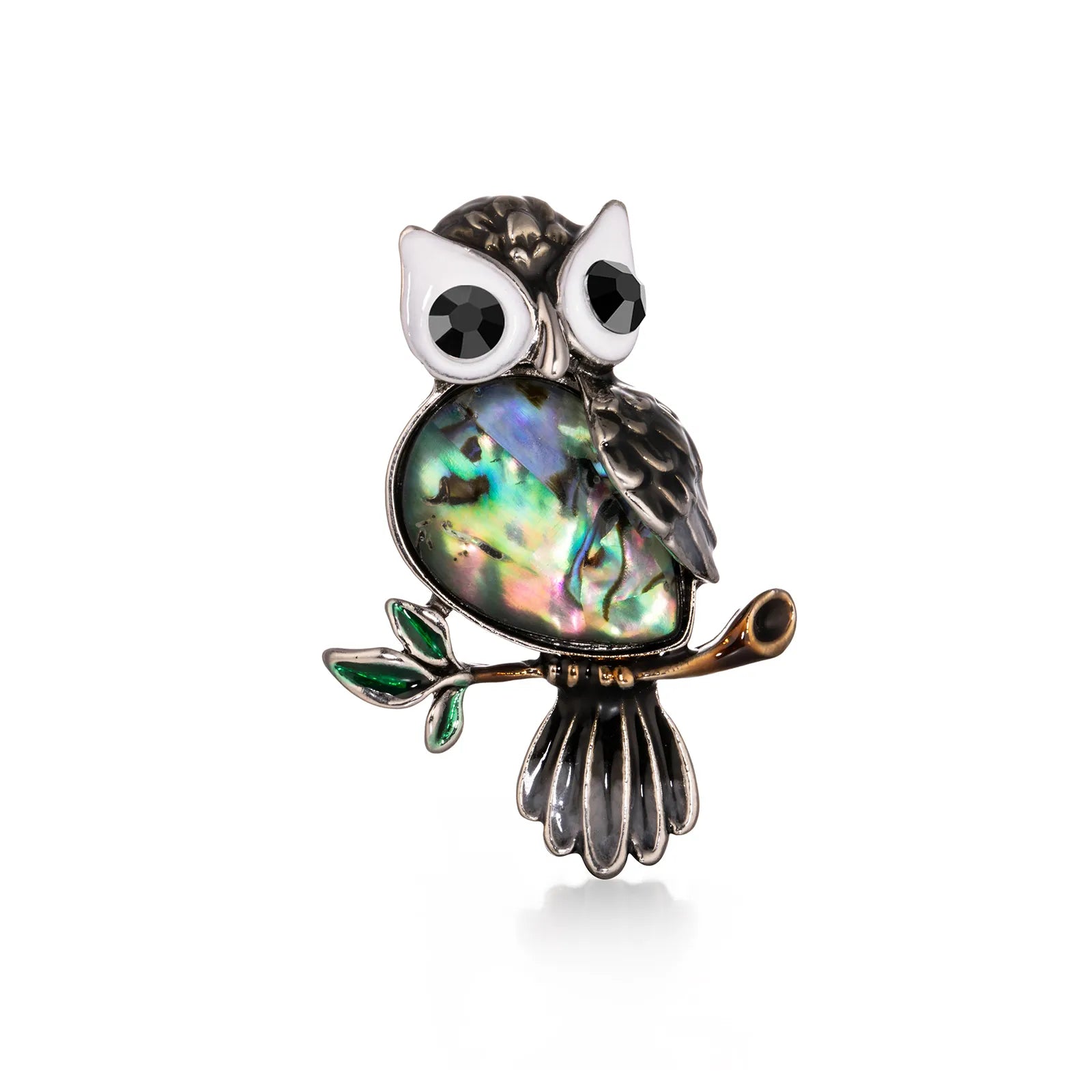 Ajatine owl brooch featuring abalone shell, vintage design, perfect for fashion accessorizing
