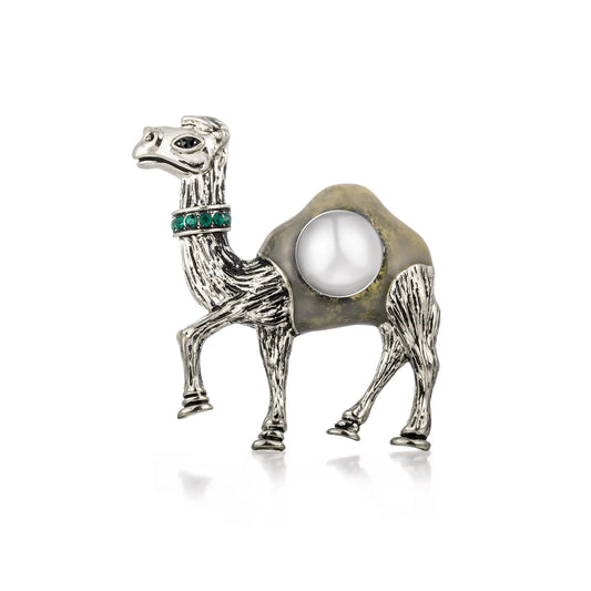 Ajatine vintage silver camel brooch with crystals, unique animal - shaped jewelry accessory