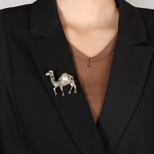 Ajatine vintage silver camel brooch with crystals, unique animal - shaped jewelry accessory