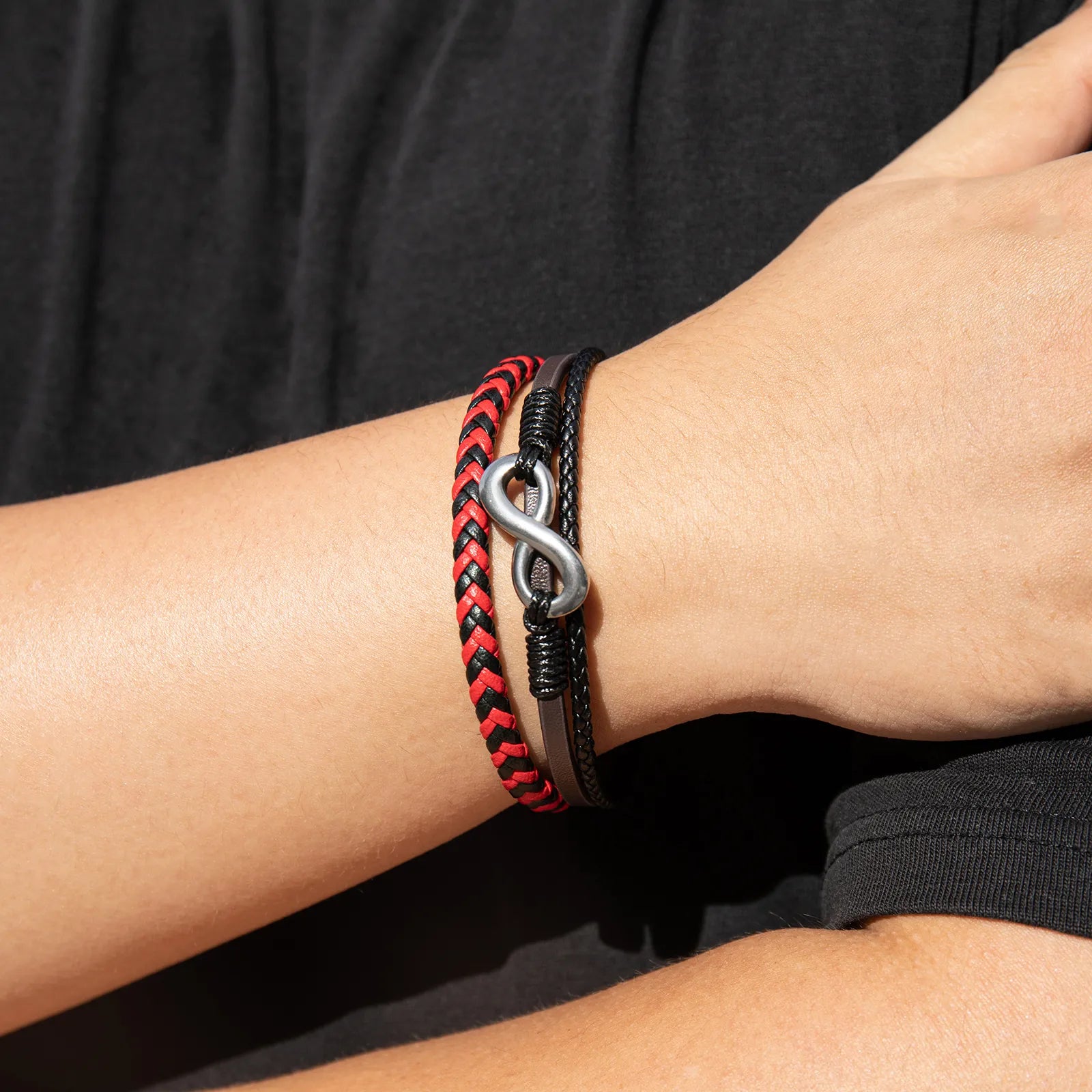 Ajatine multilayer braided leather bracelet with infinity symbol, stylish men’s accessory