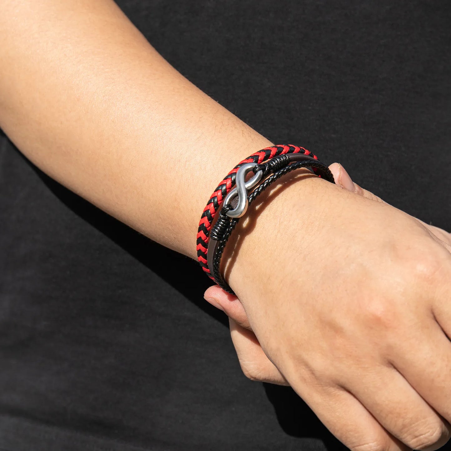Ajatine multilayer braided leather bracelet with infinity symbol, stylish men’s accessory