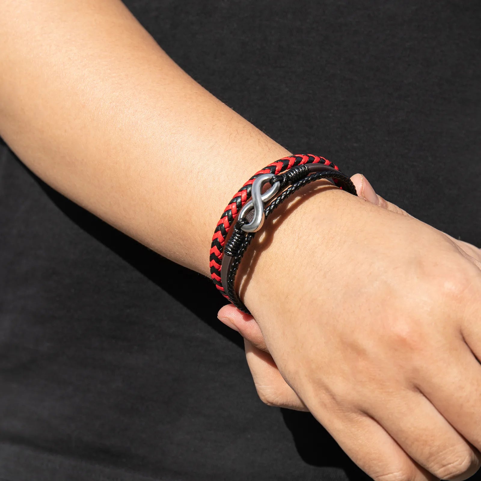 Ajatine multilayer braided leather bracelet with infinity symbol, stylish men’s accessory