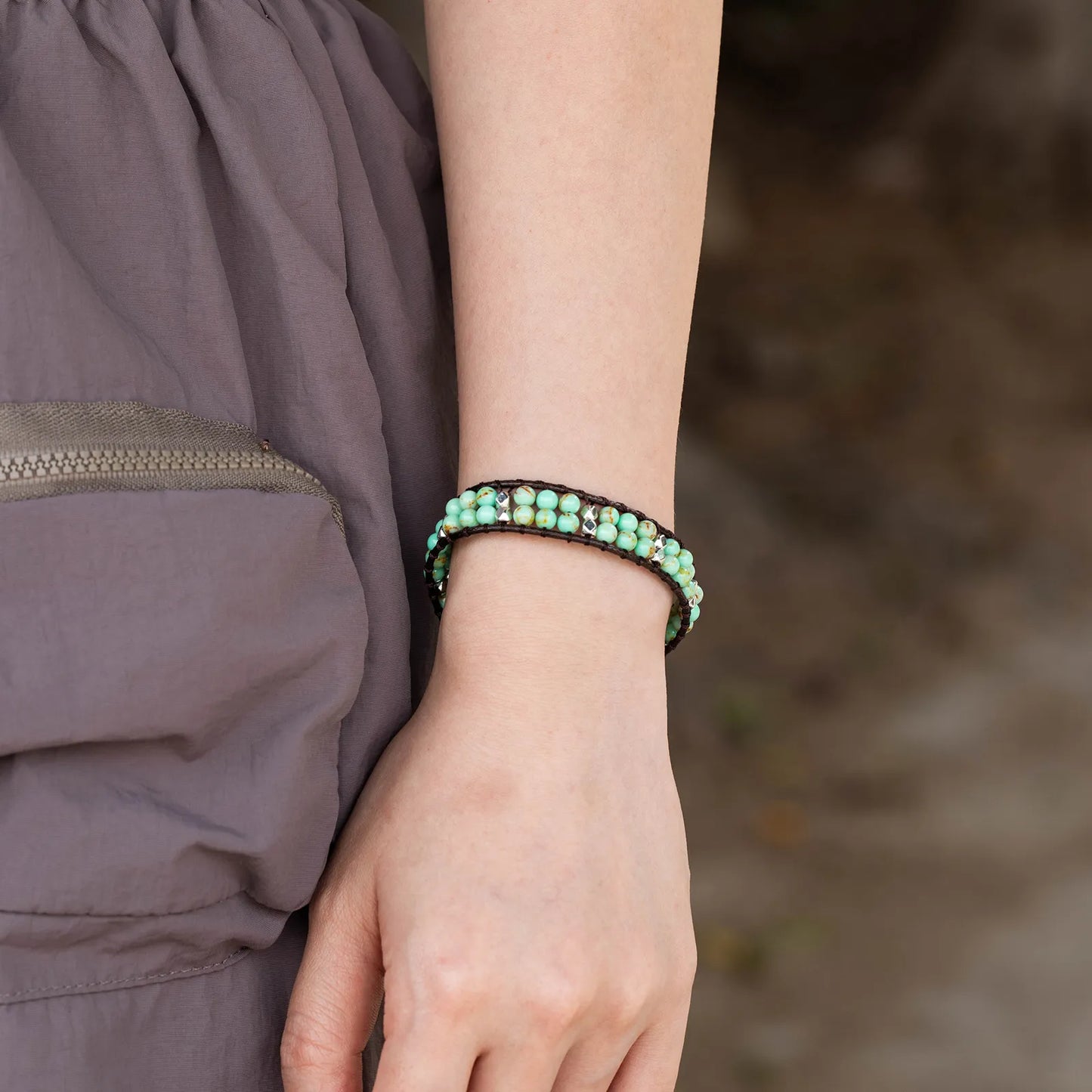 Ajatine green beaded wrap bracelet, handmade vintage boho jewelry
