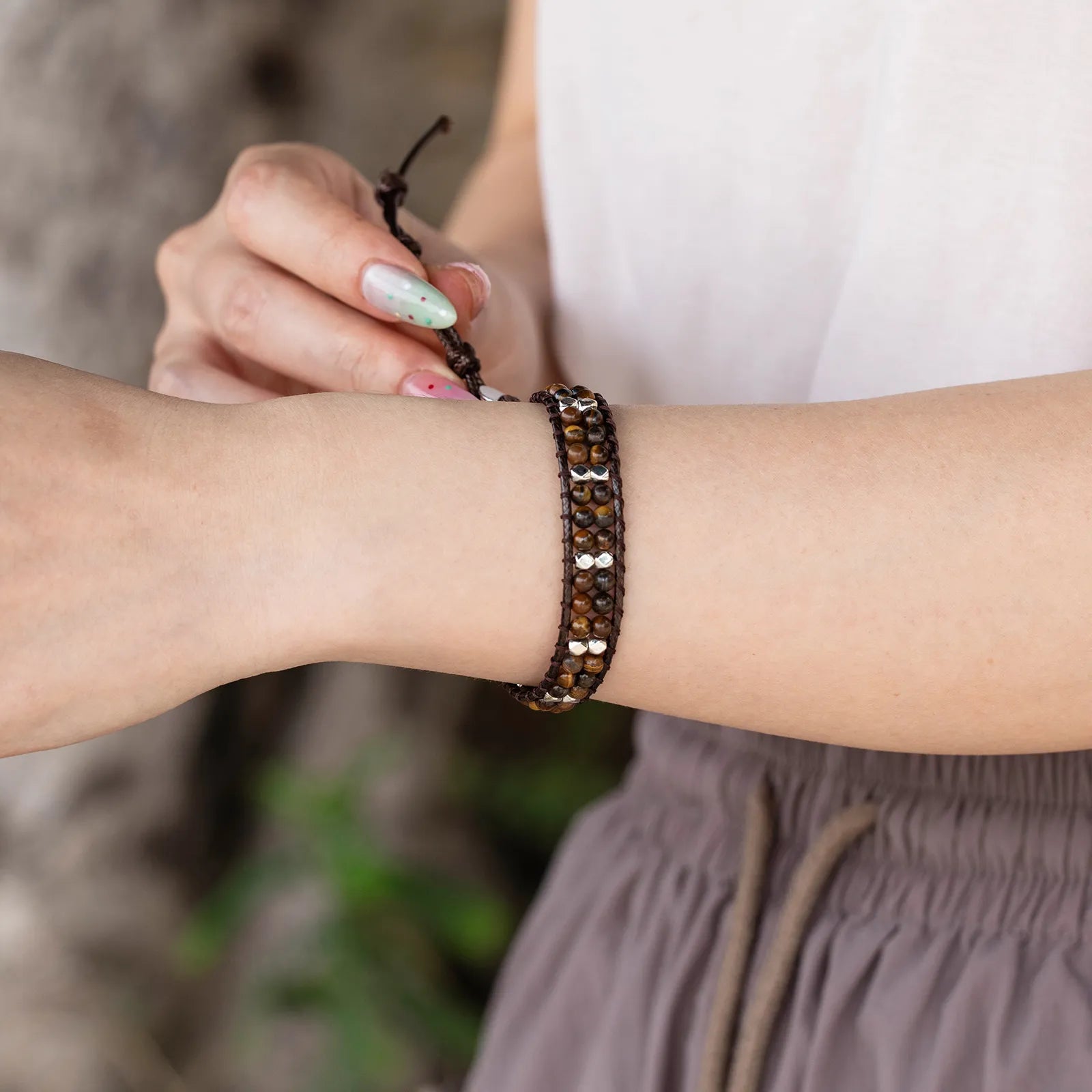 Ajatine brown beaded wrap bracelet, handmade vintage boho jewelry