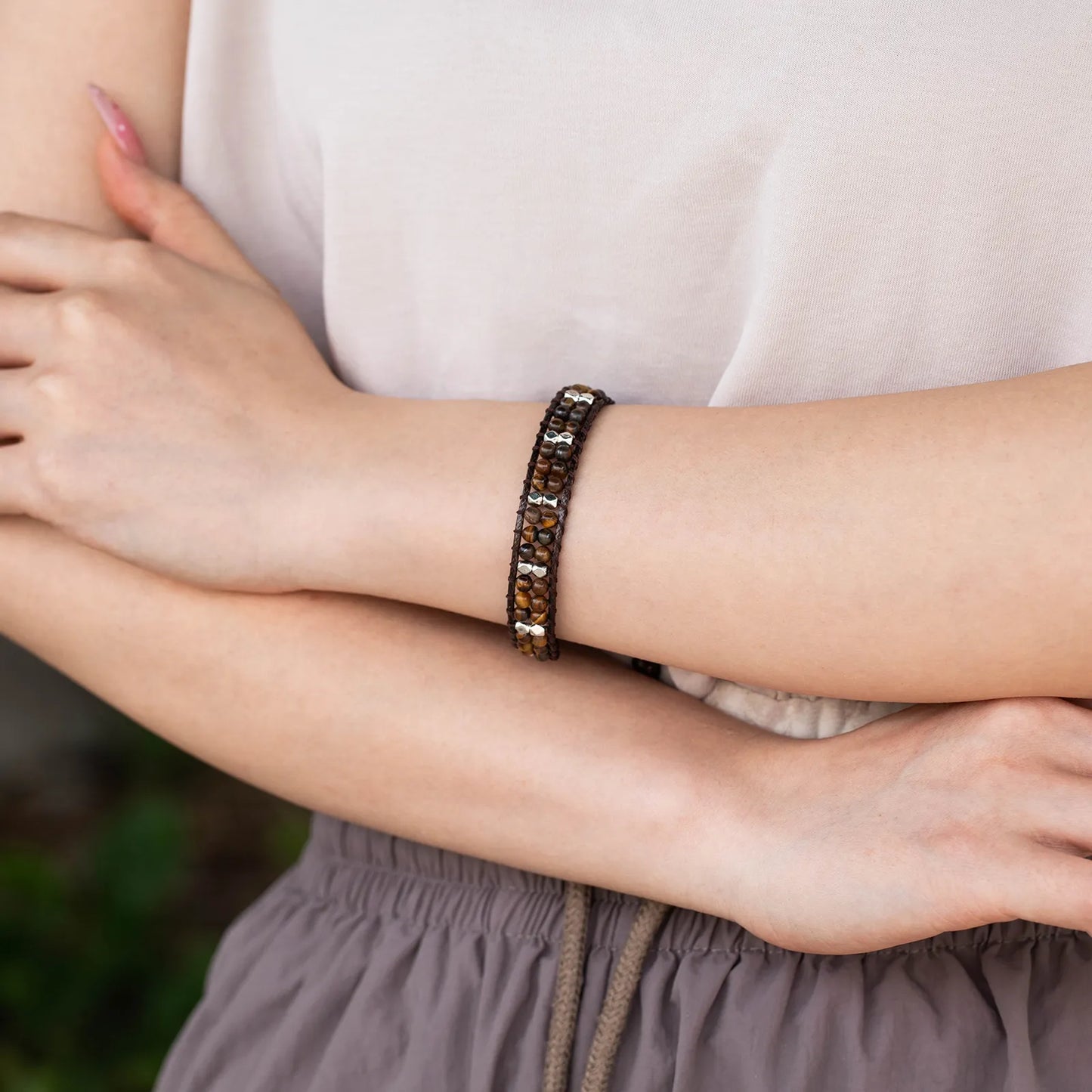 Ajatine brown beaded wrap bracelet, handmade vintage boho jewelry