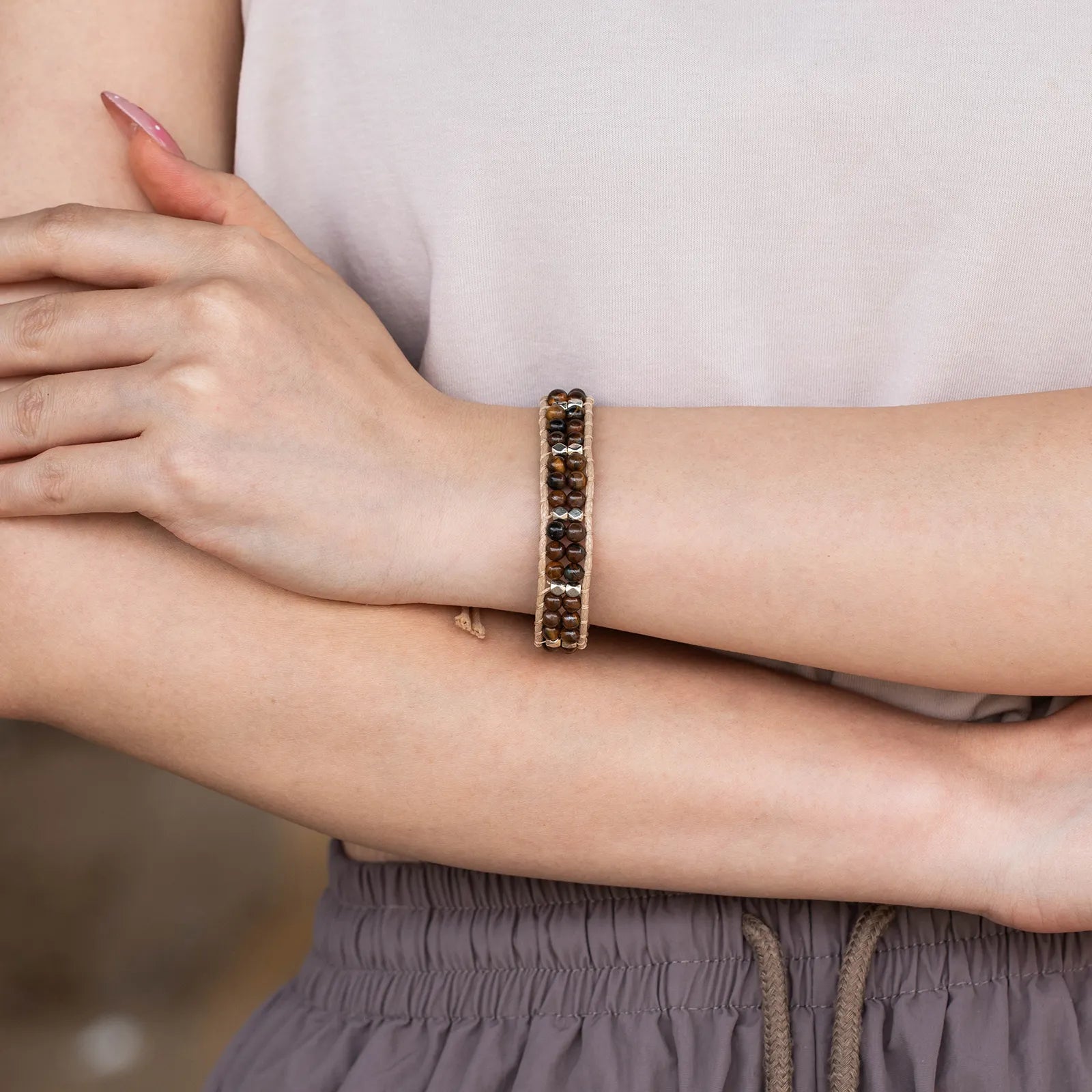 Ajatine brown beaded wrap bracelet, handmade vintage boho jewelry
