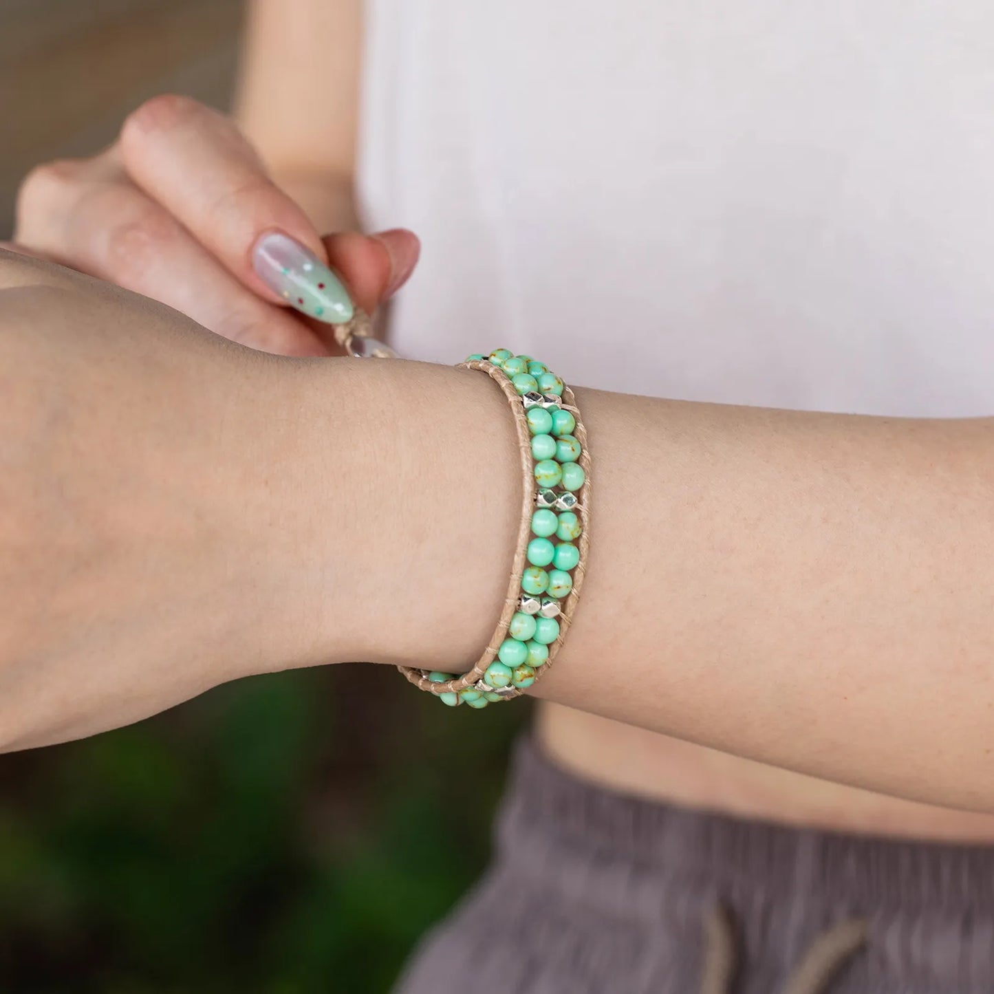 Ajatine green beaded wrap bracelet, handmade vintage boho jewelry