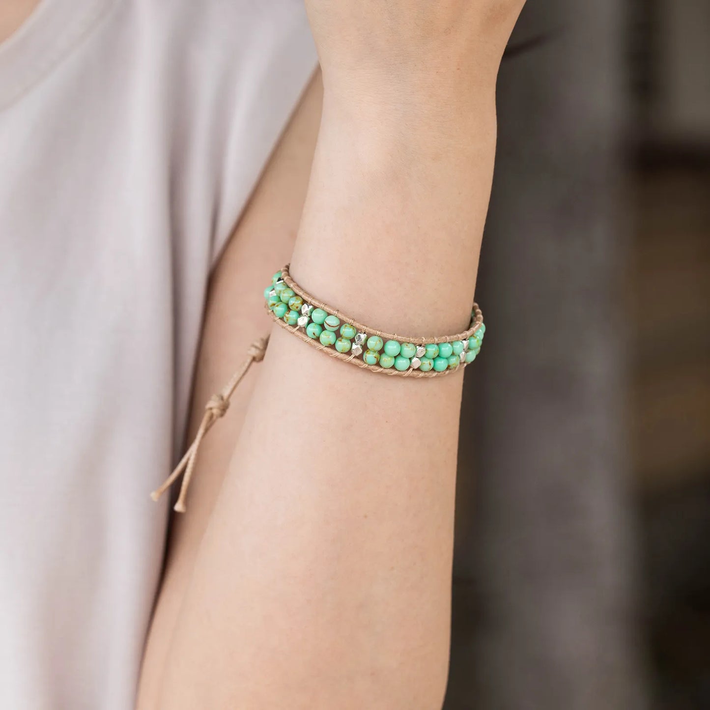 Ajatine green beaded wrap bracelet, handmade vintage boho jewelry