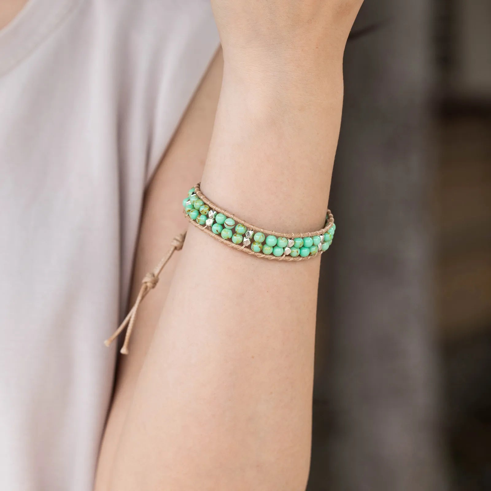 Ajatine green beaded wrap bracelet, handmade vintage boho jewelry