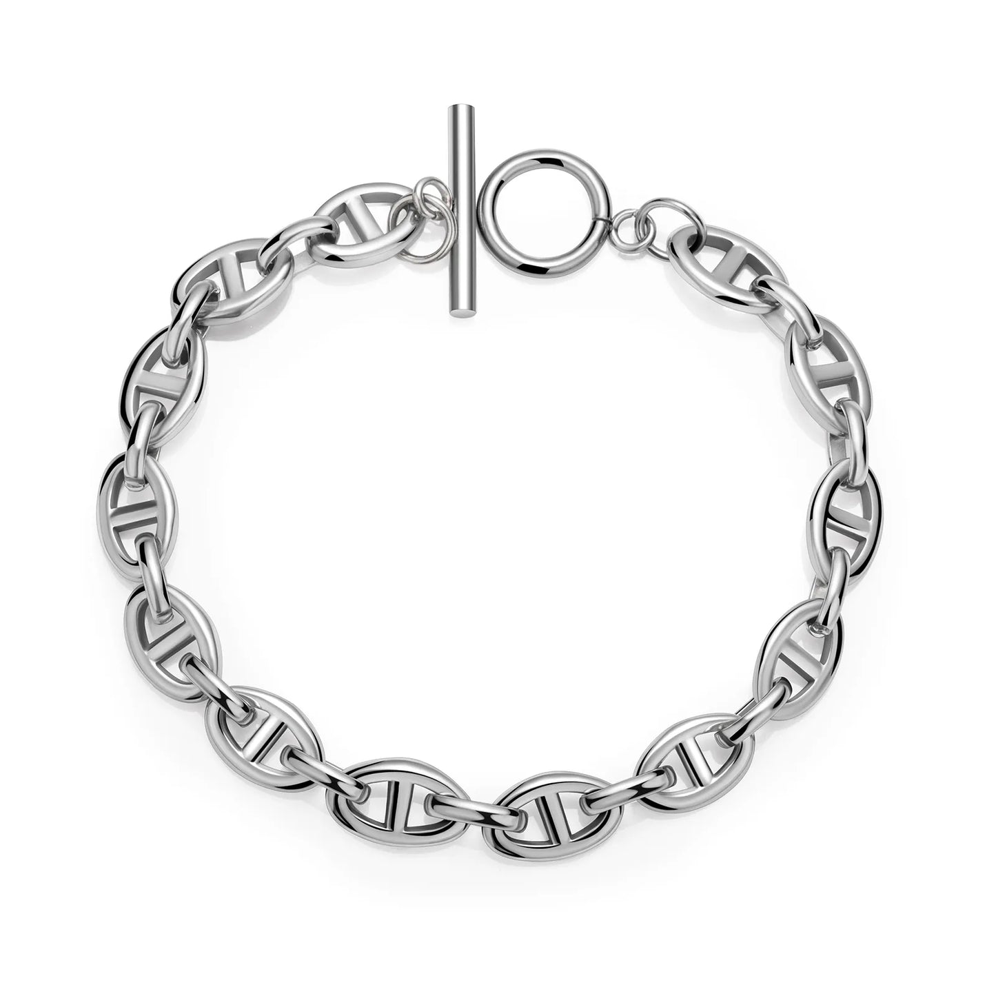 Ajatine silver oval link toggle clasp bracelet close - up view