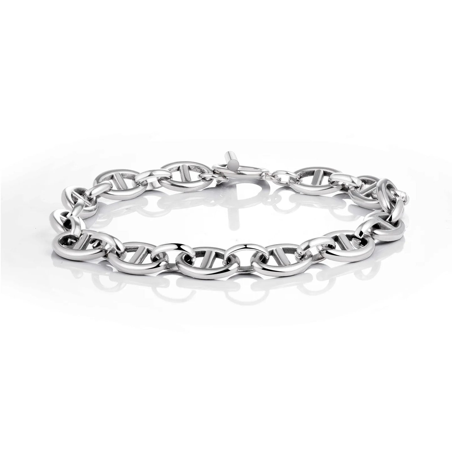 Ajatine silver oval link toggle clasp bracelet close - up view