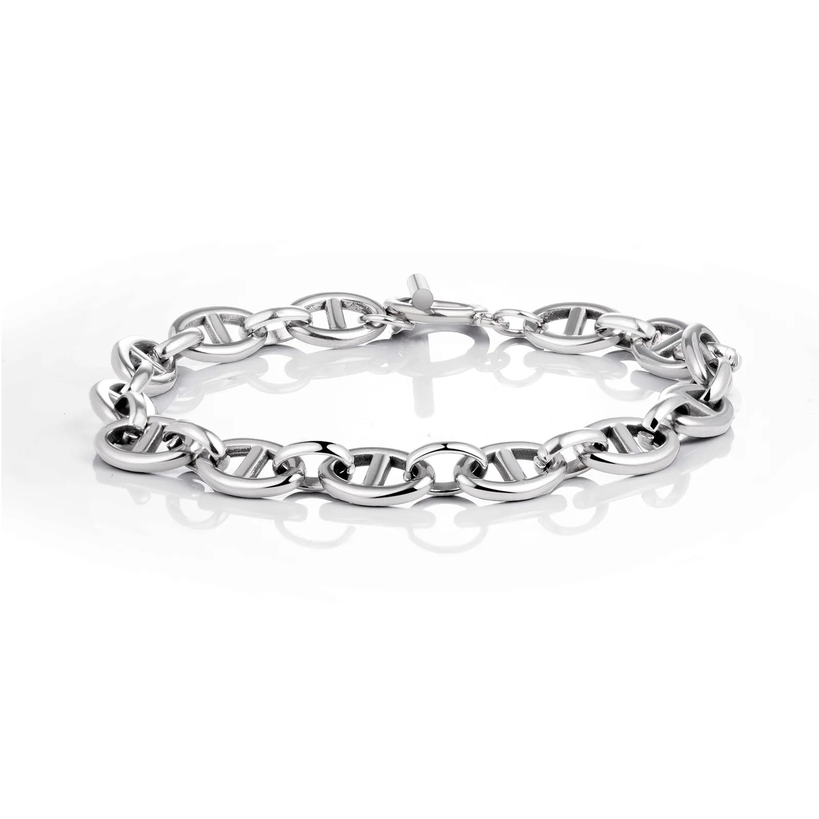 Ajatine silver oval link toggle clasp bracelet close - up view