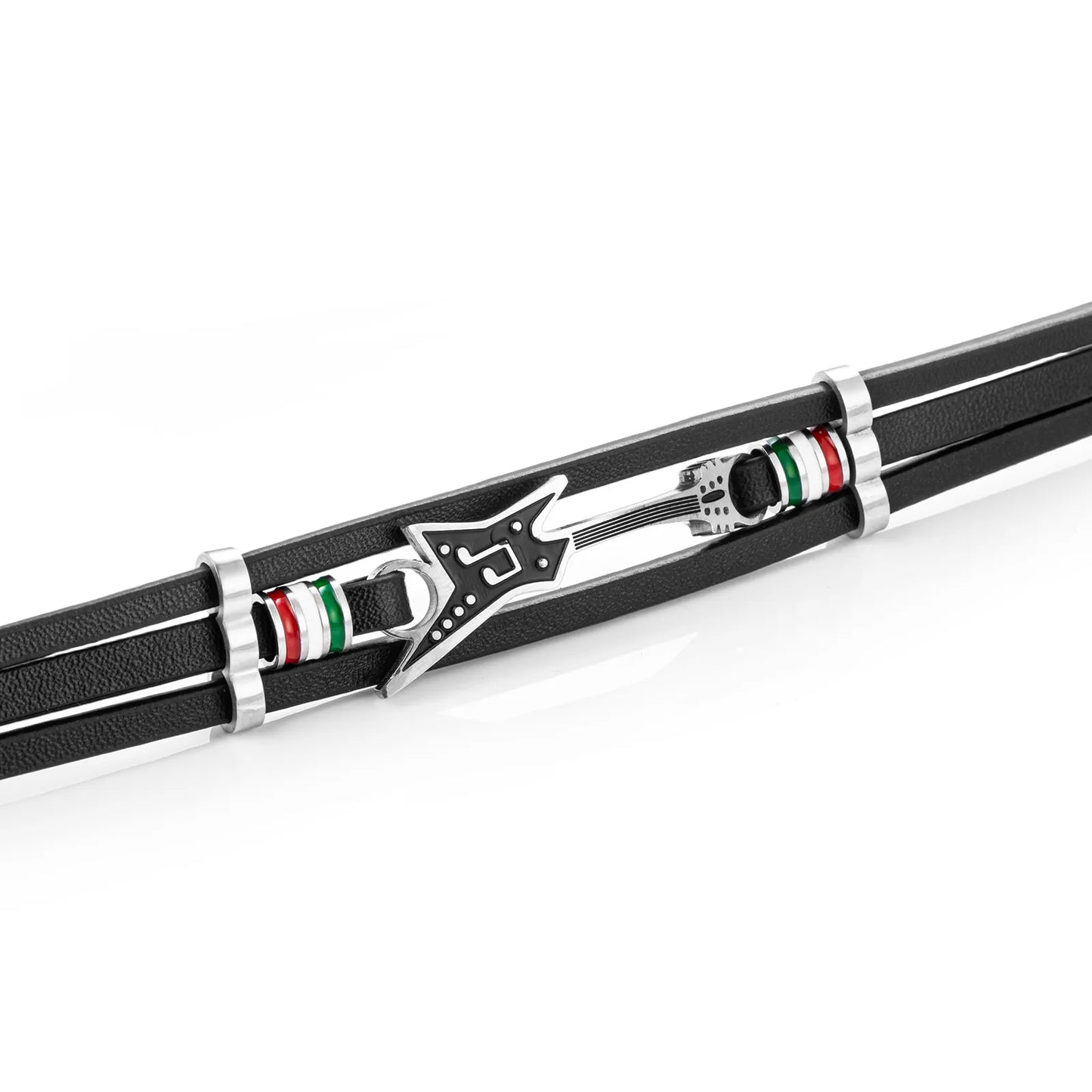 Ajatine black leather bracelet with guitar charm, showcasing rock - style music - themed jewelry