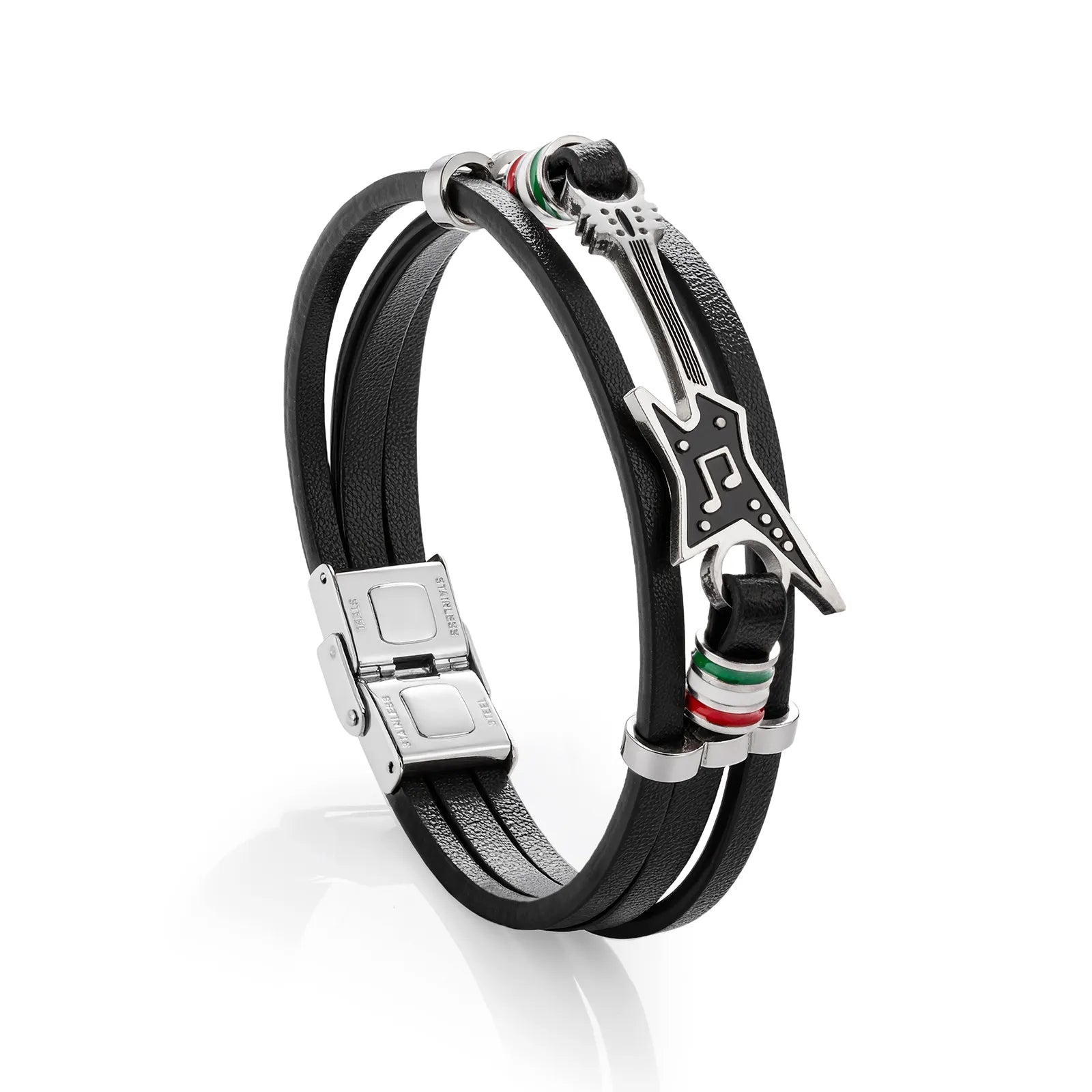 Ajatine black leather bracelet with guitar charm, showcasing rock - style music - themed jewelry