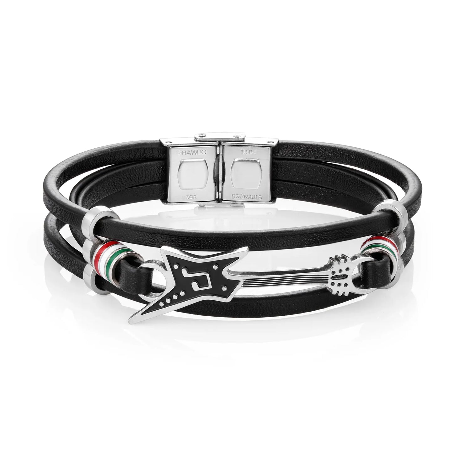 Ajatine black leather bracelet with guitar charm, showcasing rock - style music - themed jewelry