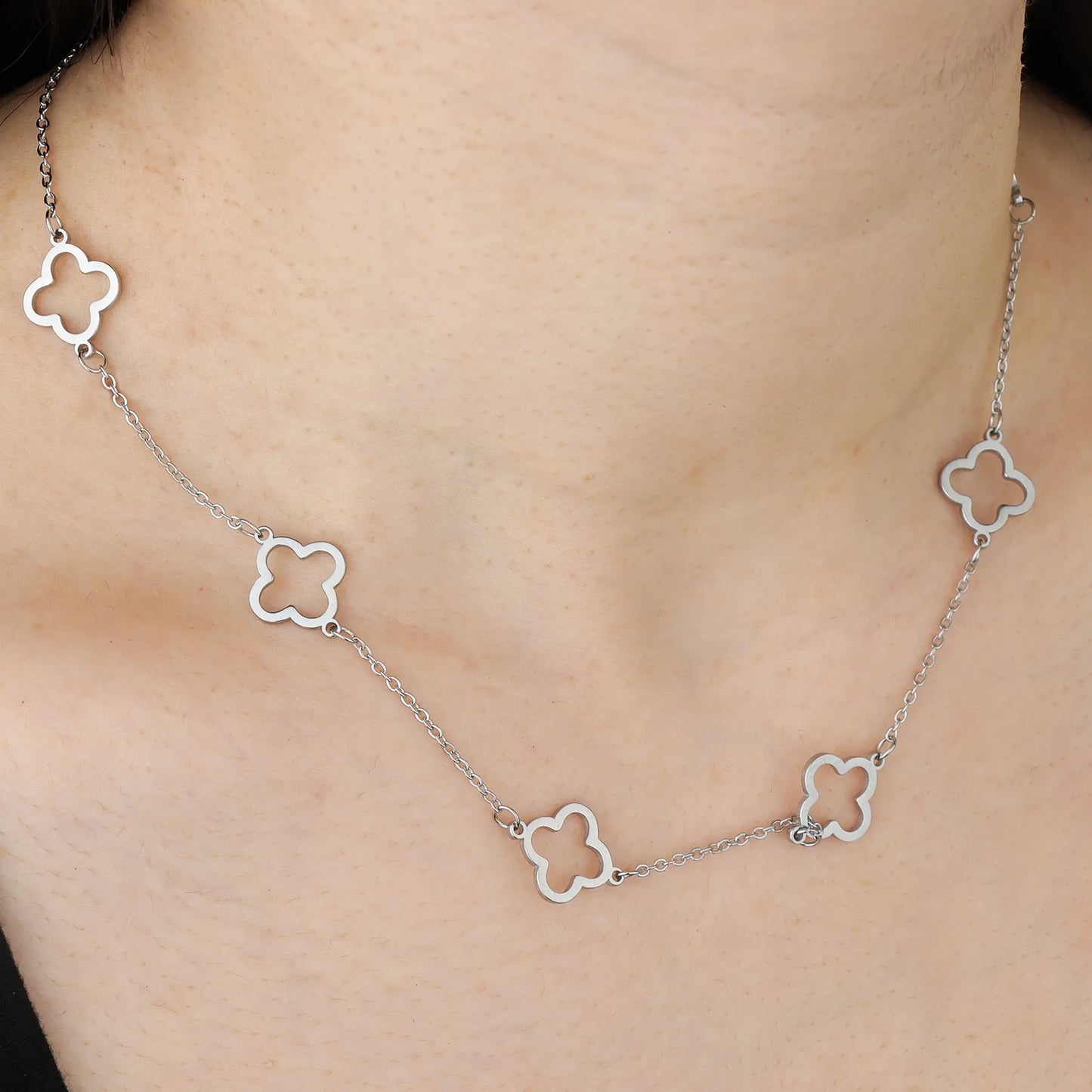Ajatine silver clover necklace, hollow four leaf clover design