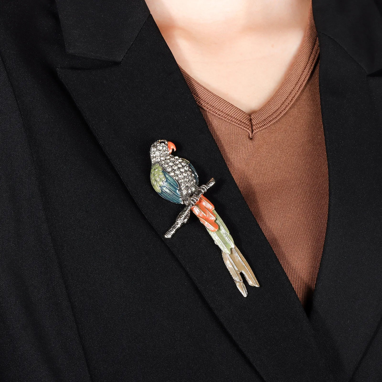 Ajatine crystal parrot brooch, vintage style pin for women
