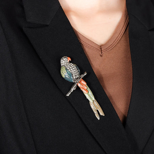 Ajatine crystal parrot brooch, vintage style pin for women