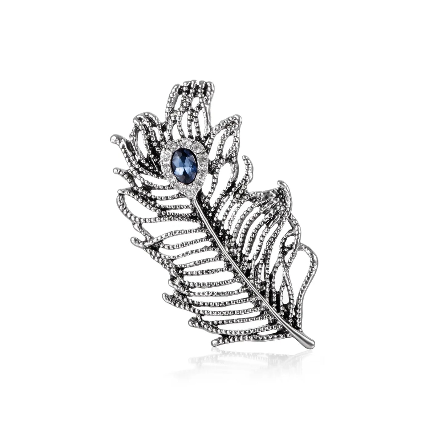 Vintage Feather Brooch with Silver Tone and Blue Crystal Lapel Pin