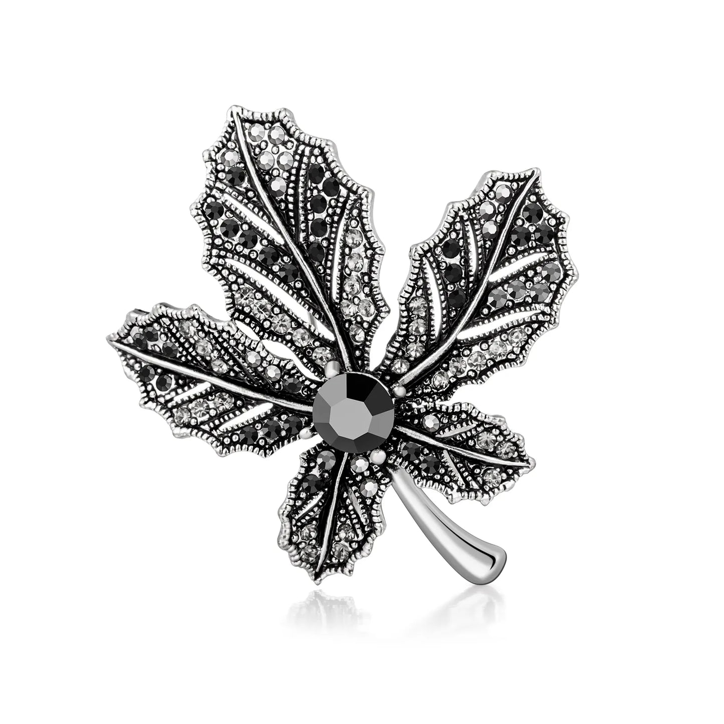 Ajatine vintage maple leaf brooch with black crystal, elegant women's accessory