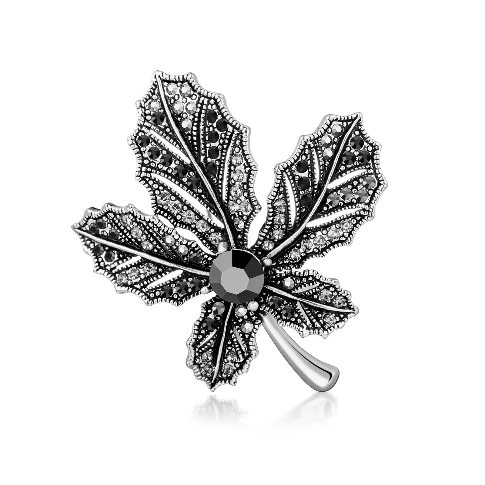 Ajatine vintage maple leaf brooch with black crystal, elegant women's accessory