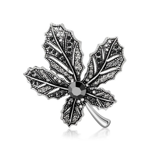 Ajatine vintage maple leaf brooch with black crystal, elegant women's accessory