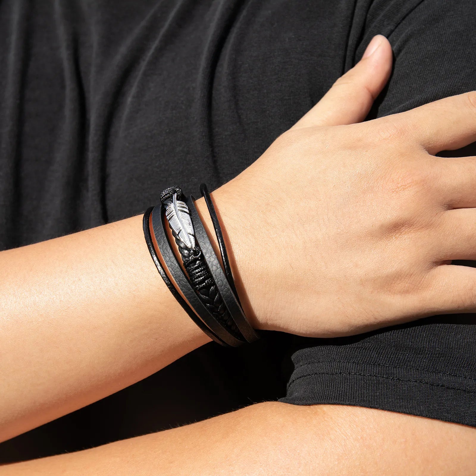 Ajatine black multi - layer leather bracelet with silver feather, men's fashion jewelry