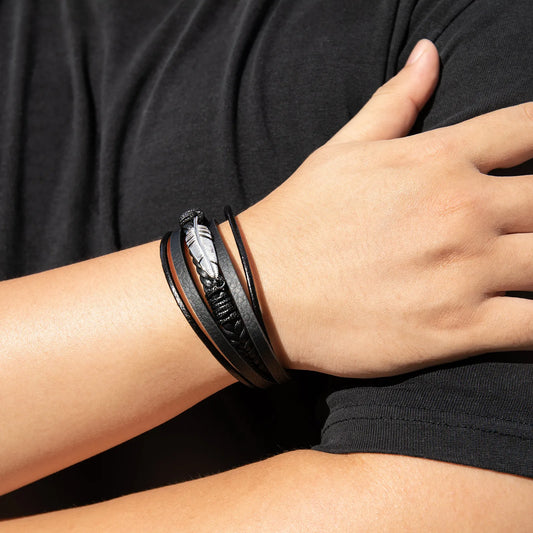 Ajatine black multi - layer leather bracelet with silver feather, men's fashion jewelry