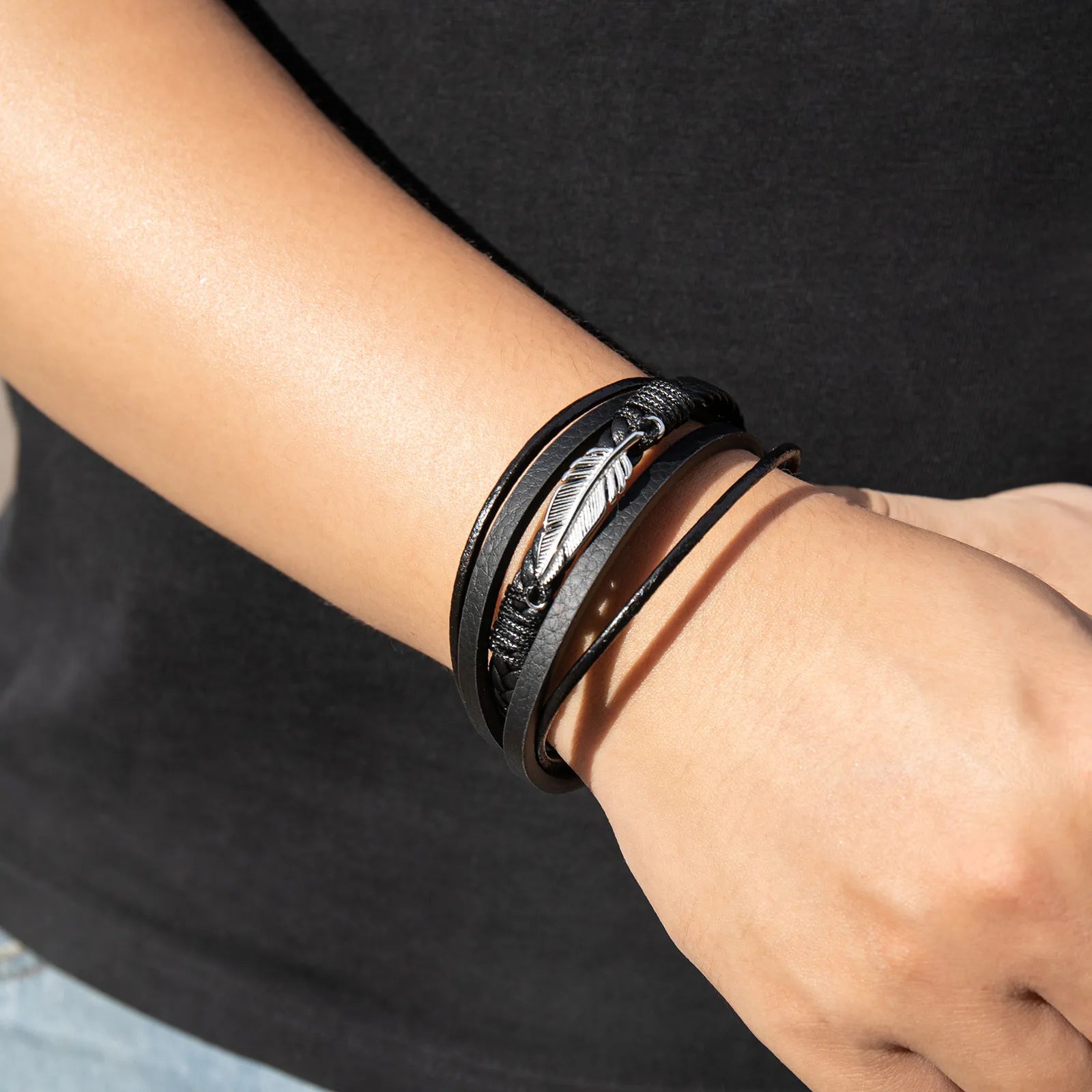 Ajatine black multi - layer leather bracelet with silver feather, men's fashion jewelry