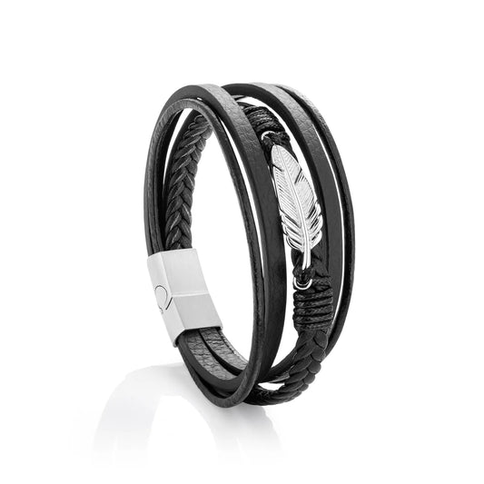Ajatine black multi - layer leather bracelet with silver feather, men's fashion jewelry