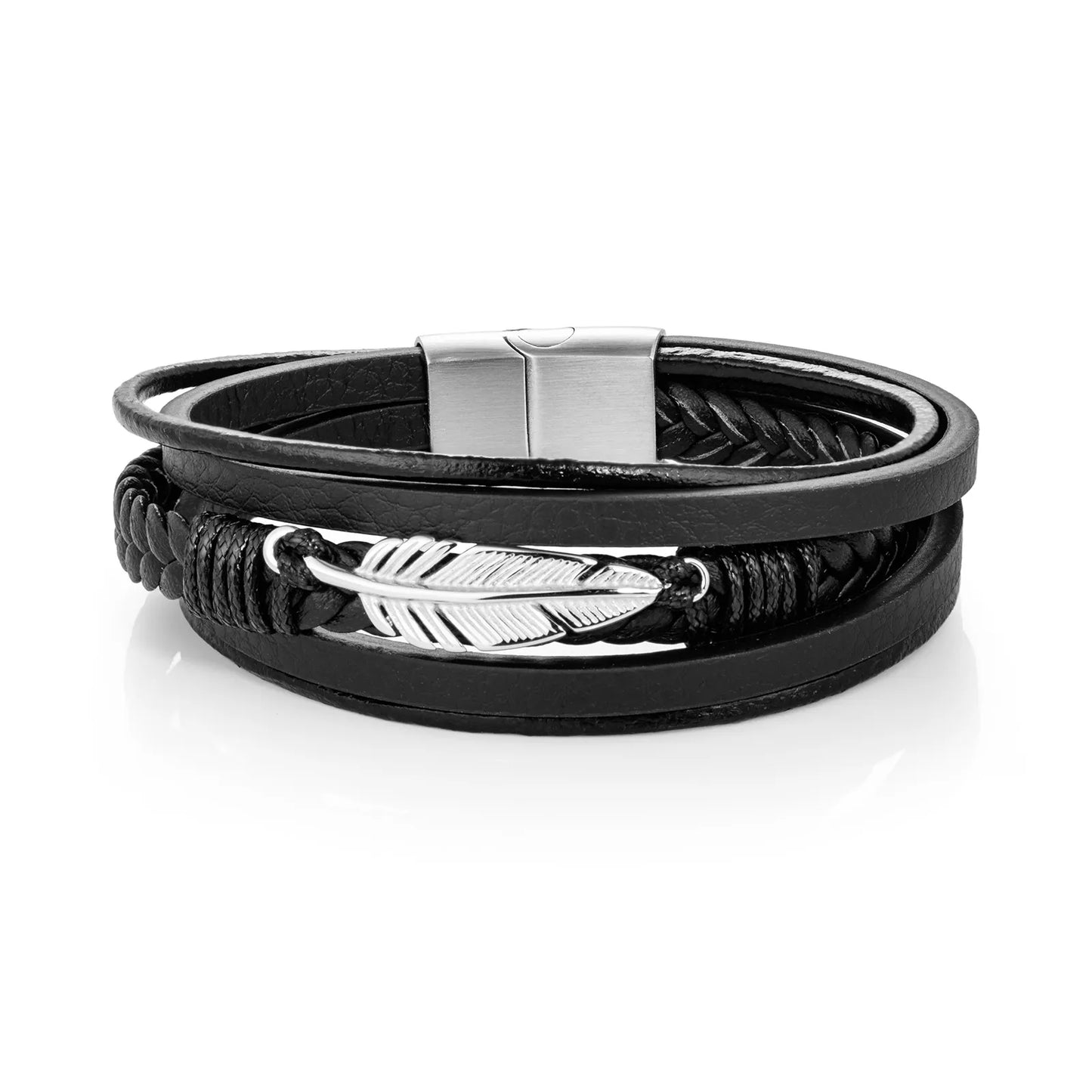 Ajatine black multi - layer leather bracelet with silver feather, men's fashion jewelry