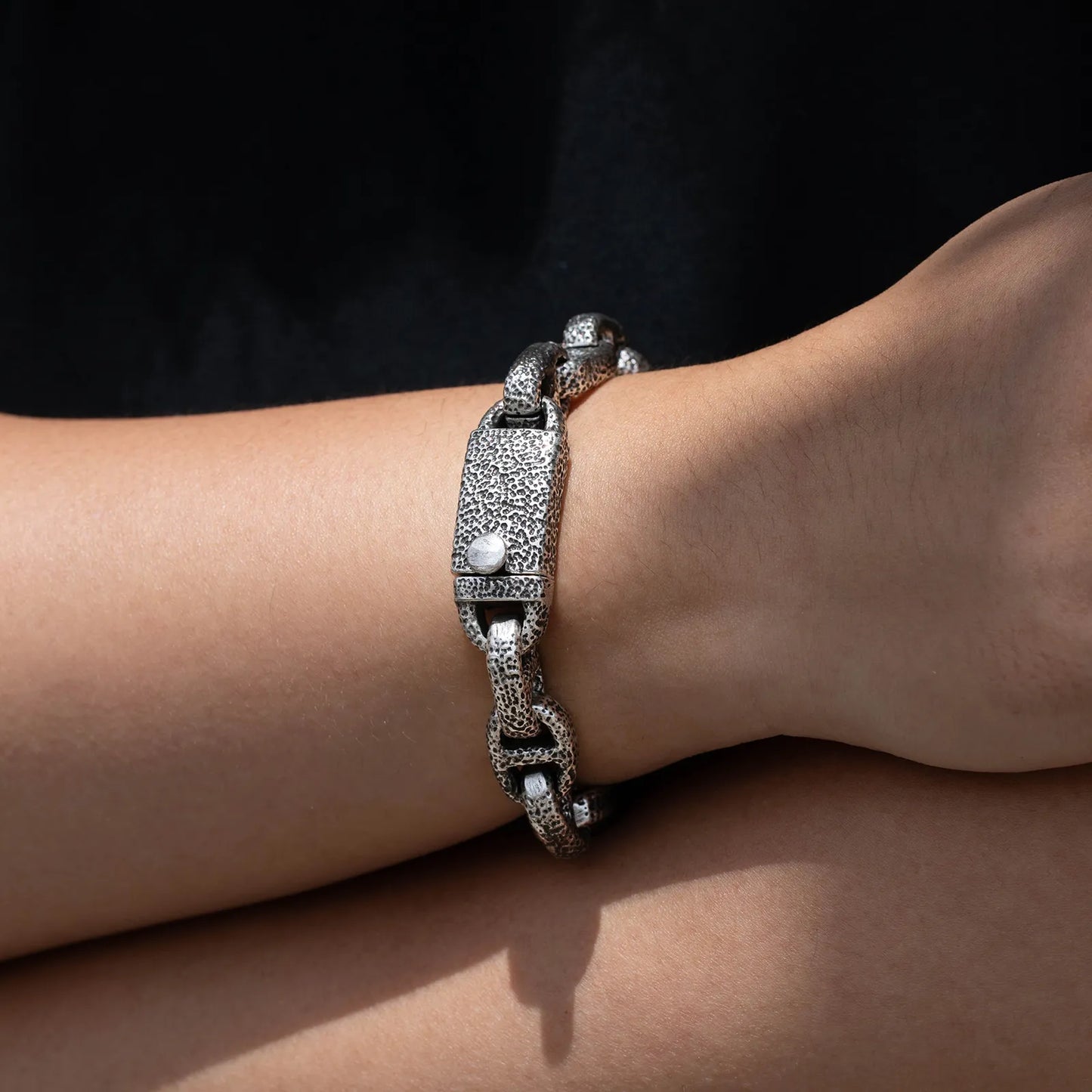Ajatine Men's Silver Chain Bracelet with Textured Design, Vintage Punk Style