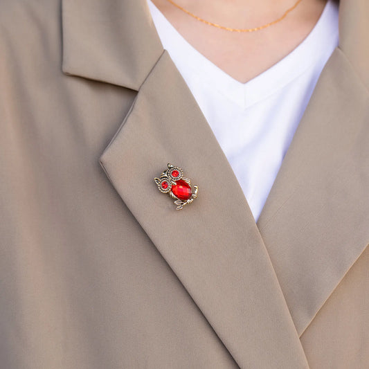 Ajatine vintage owl brooch with red crystals, elegant retro jewelry