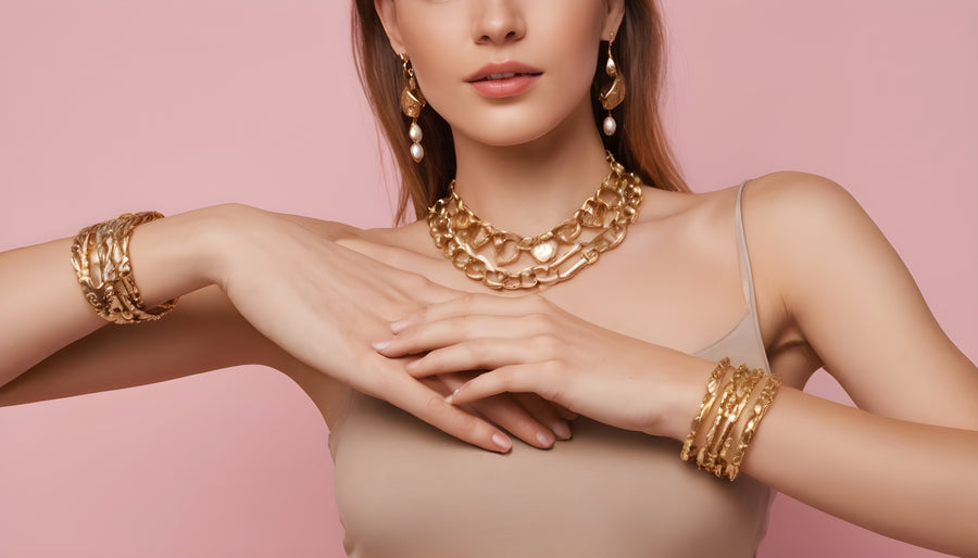 Gold jewellery arranged for a wholesale line sheet